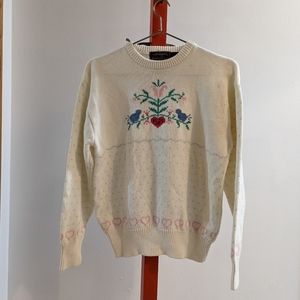 Eddie Bauer White Love Birds Knit Sweater Pink/Blue Hearts 100% Cotton Stains